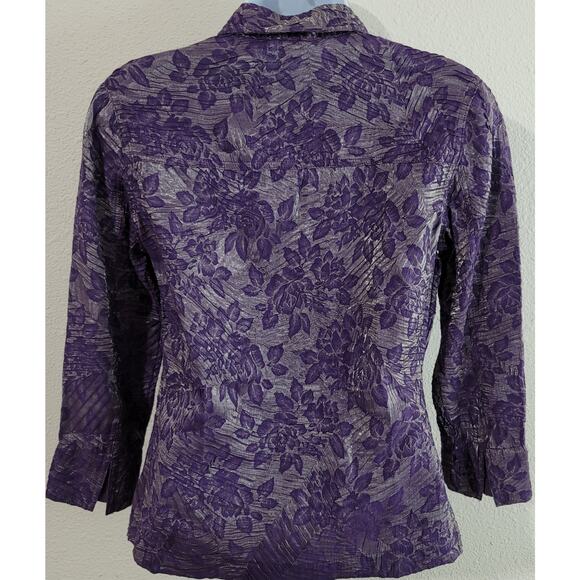 Scott Taylor Silver Purple Floral Ruched Button Up Top Small Asymmetrical Hem - Picture 3 of 4